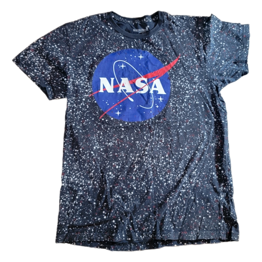 NASA Buzz Aldrin T-Shirt Large Navy Speckled Red White And Blue Graphic Ladies
